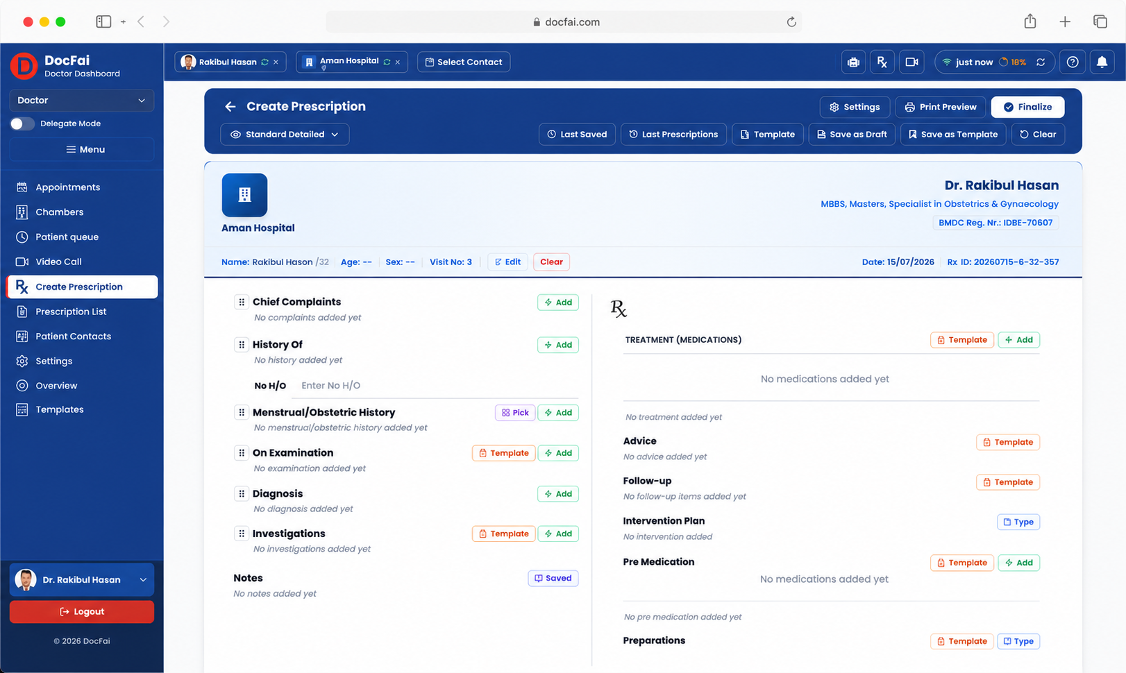 DocFai doctor dashboard — Create Prescription screen